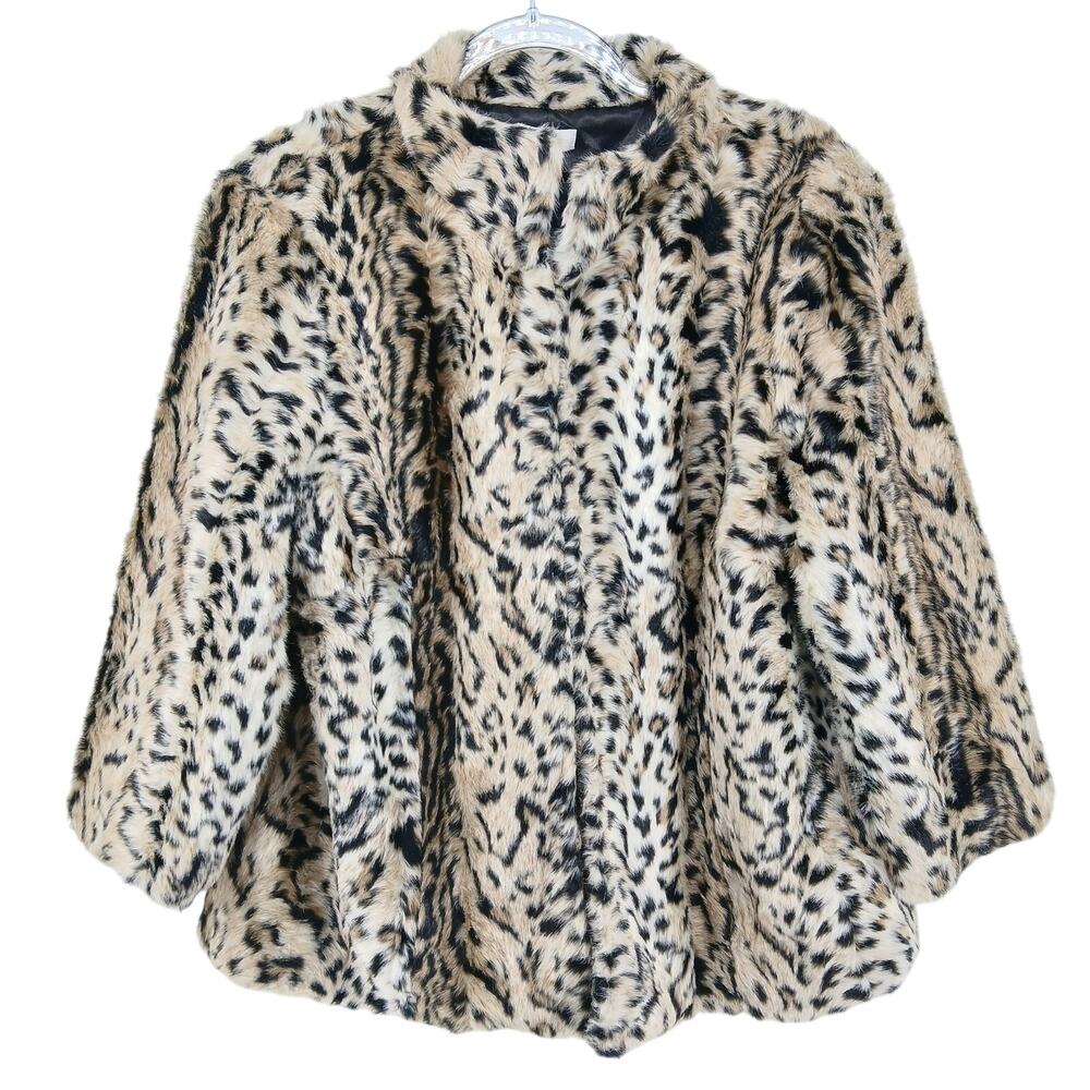 Chicos Leopard Faux Fur Coat Size 2 LG/12 Y2K Mob Wife Glam Retro Rock Eclectic